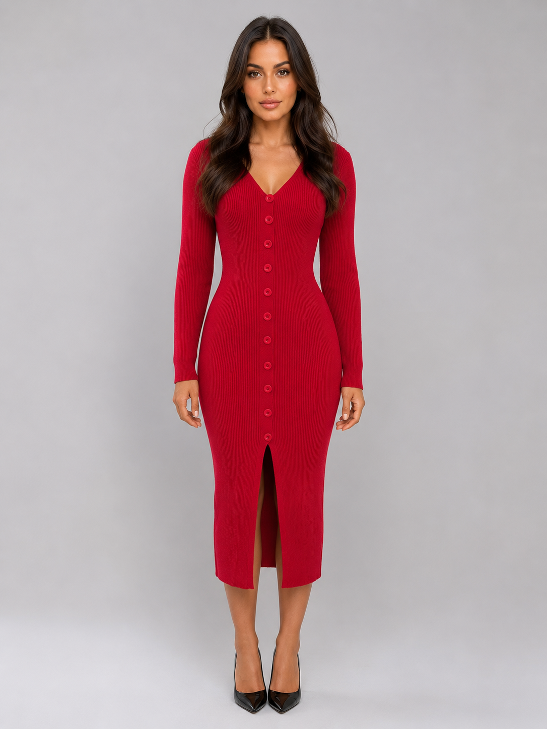 Women’s Ribbed Knitted Midi Dress – Slim Fit Button Front