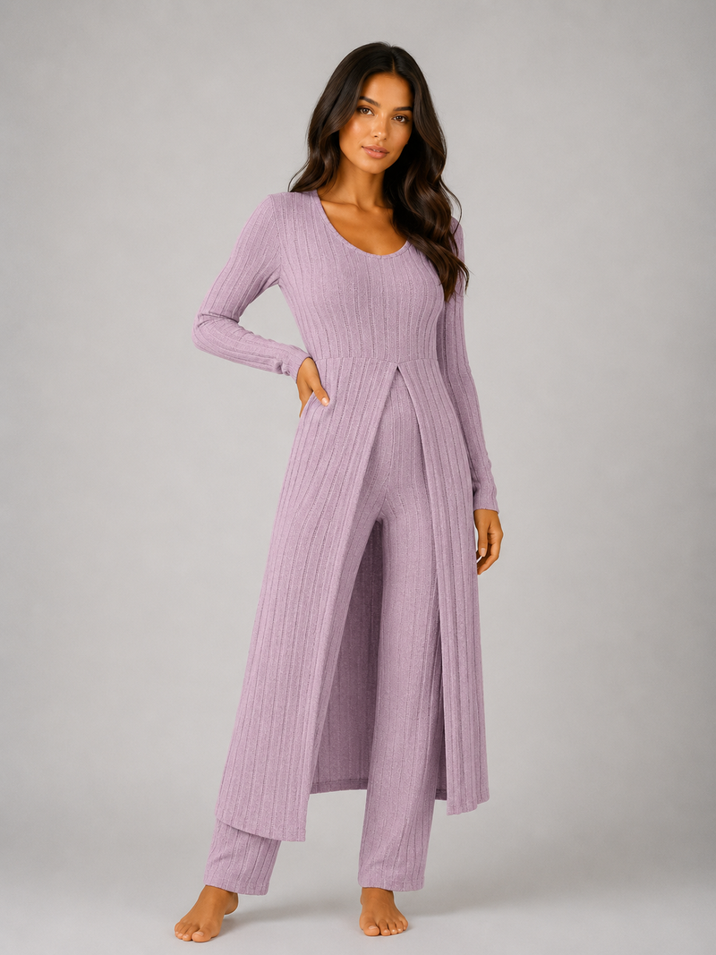 Women's Ribbed Soft Two-Piece Lounge Set - Relaxed Fit Co-Ord
