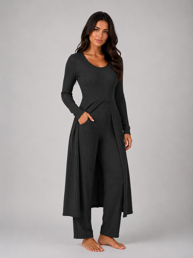 Women's Ribbed Soft Two-Piece Lounge Set - Relaxed Fit Co-Ord