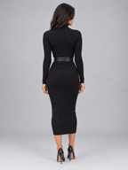 Women’s Ribbed Roll Neck Midi Dress – Belted Bodycon Knit Dress