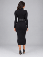 Women’s Ribbed Roll Neck Midi Dress – Belted Bodycon Knit Dress
