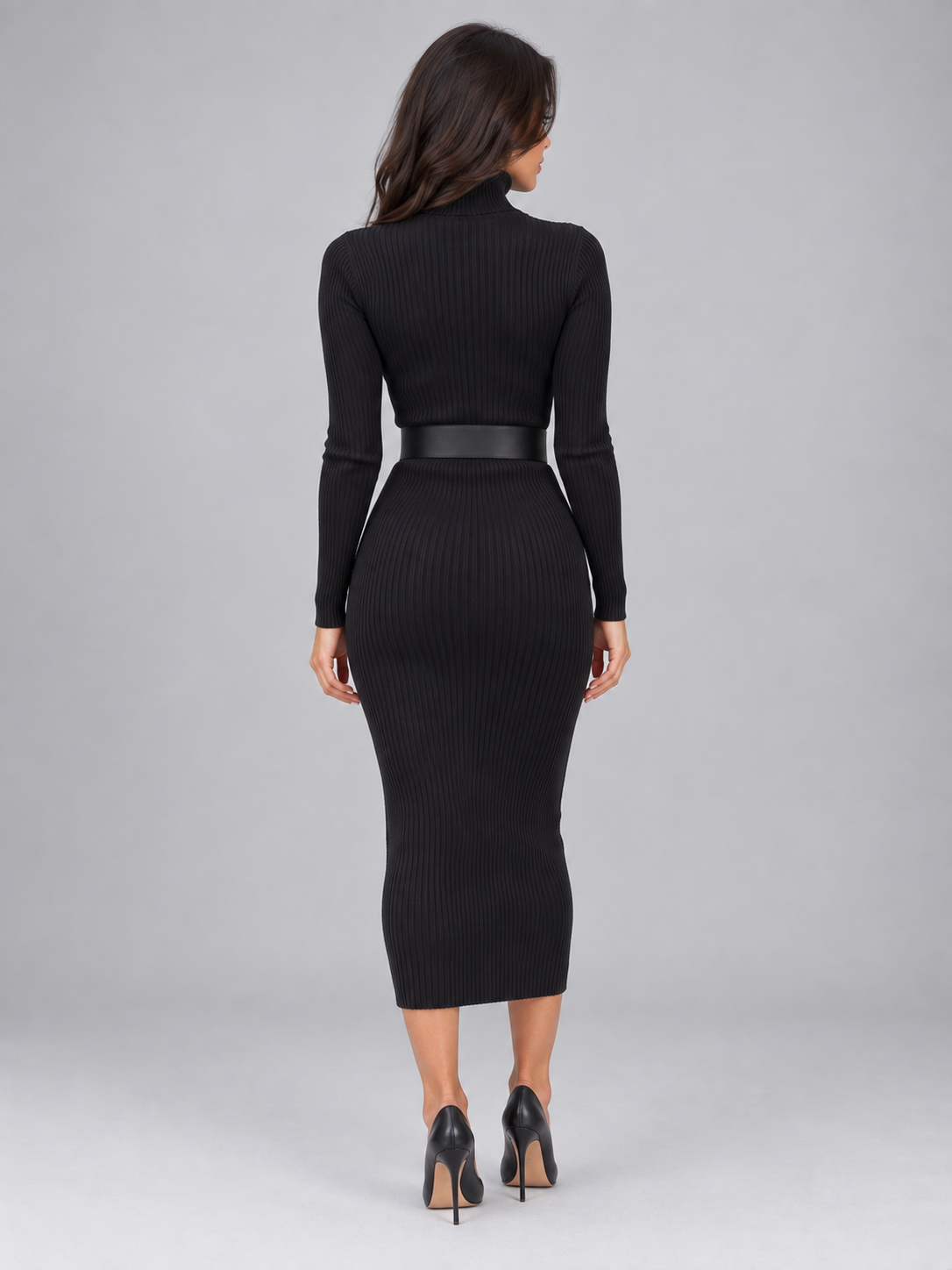 Women’s Ribbed Roll Neck Midi Dress – Belted Bodycon Knit Dress