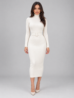 Women’s Ribbed Roll Neck Midi Dress – Belted Bodycon Knit Dress