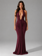 Women’s Ruched Halterneck Maxi Dress – Elegant Evening Gown