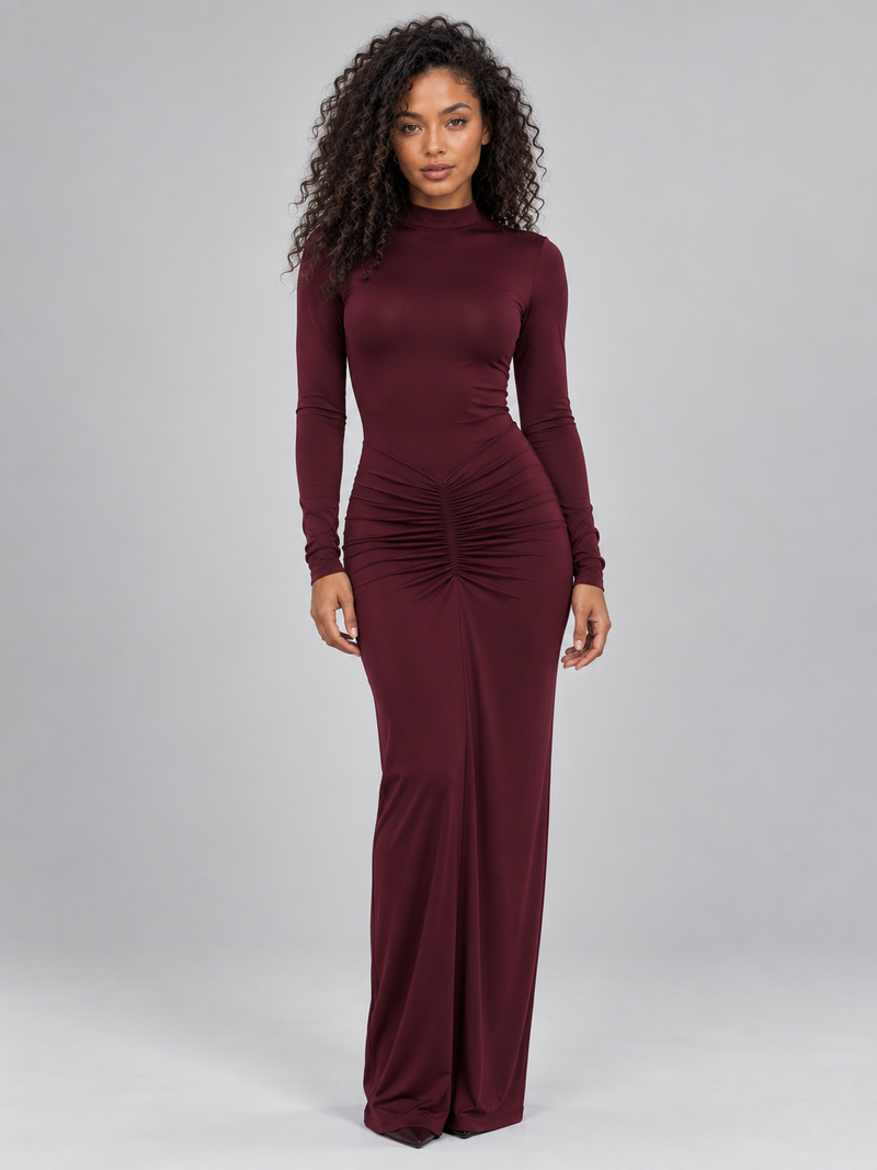 Women’s Ruched High Neck Maxi Dress – Long Sleeve Fitted Evening Gown