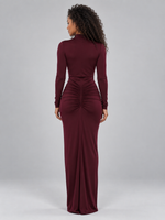 Women’s Ruched High Neck Maxi Dress – Long Sleeve Fitted Evening Gown