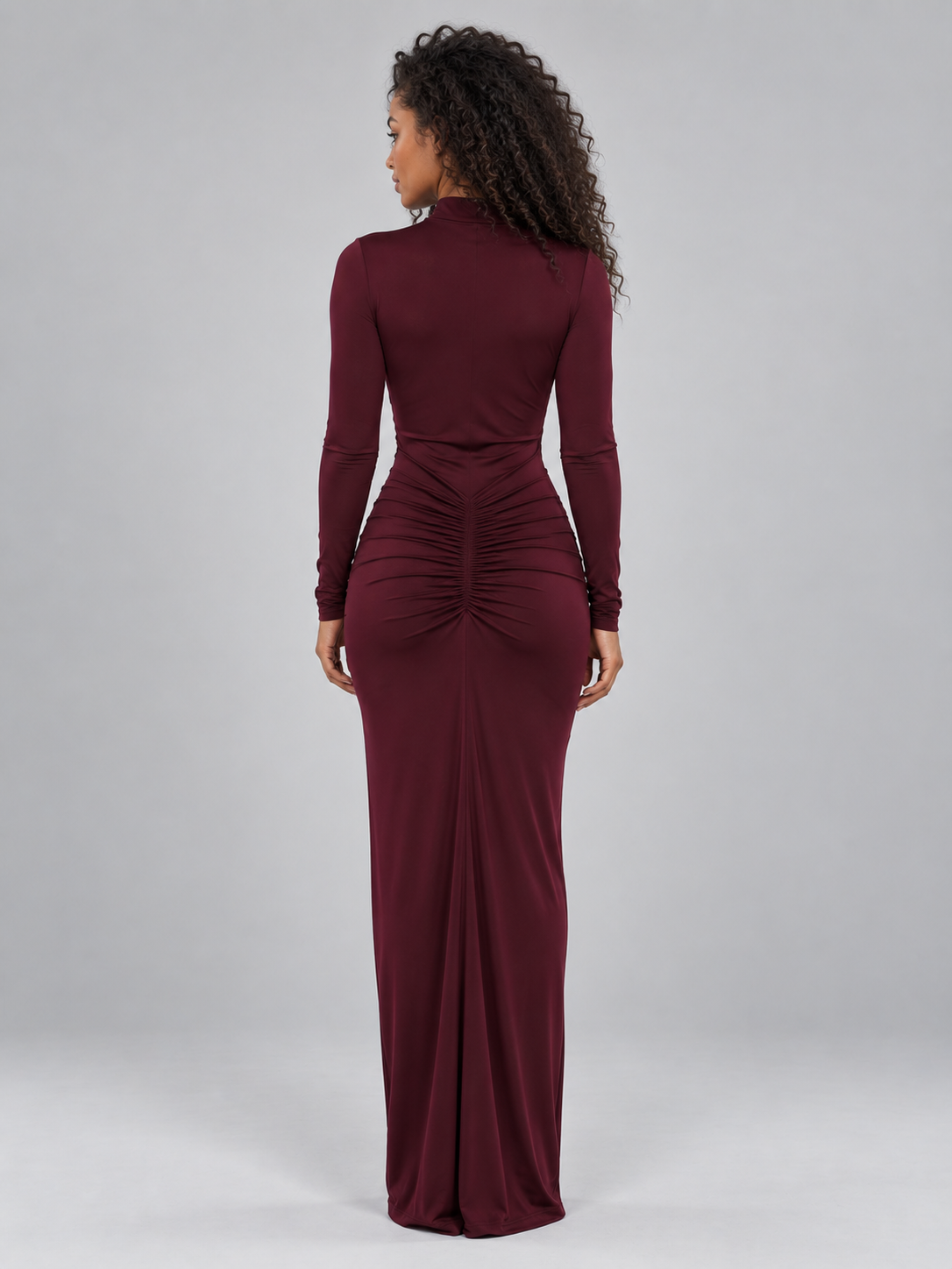 Women’s Ruched High Neck Maxi Dress – Long Sleeve Fitted Evening Gown