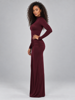Women’s Ruched High Neck Maxi Dress – Long Sleeve Fitted Evening Gown