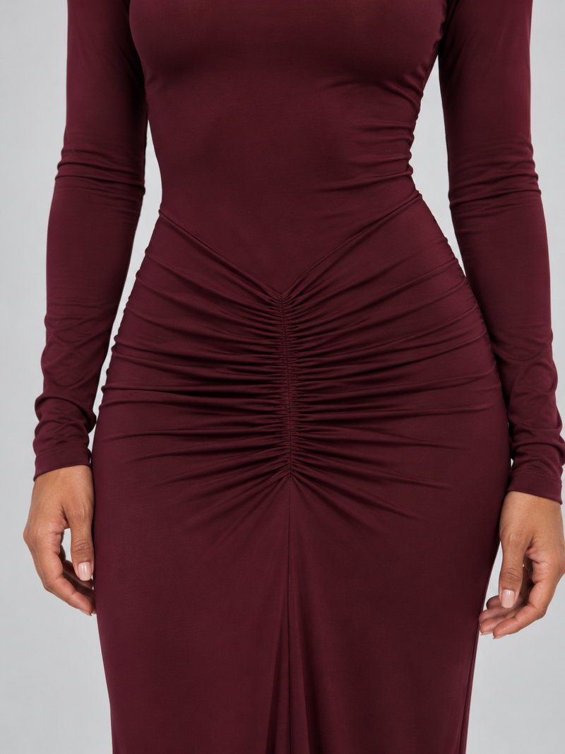 Women’s Ruched High Neck Maxi Dress – Long Sleeve Fitted Evening Gown