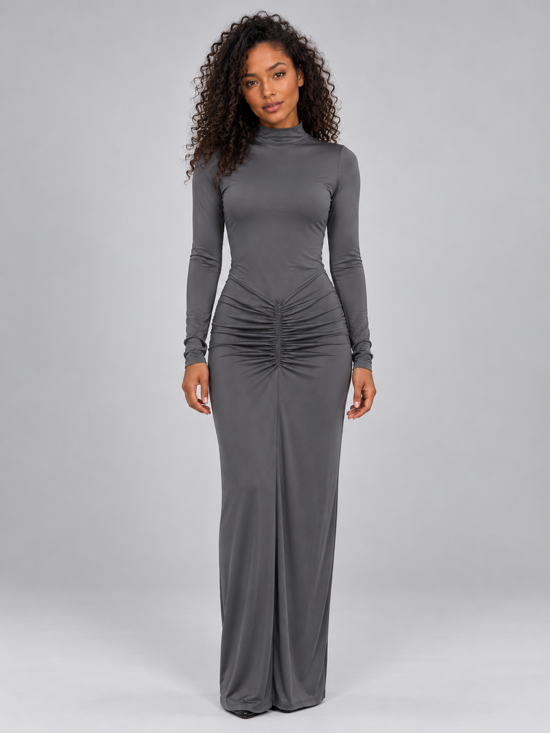 Women’s Ruched High Neck Maxi Dress – Long Sleeve Fitted Evening Gown