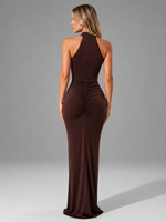 Women’s Ruched High Neck Maxi Dress with Side Split – Wedding Guest Gown