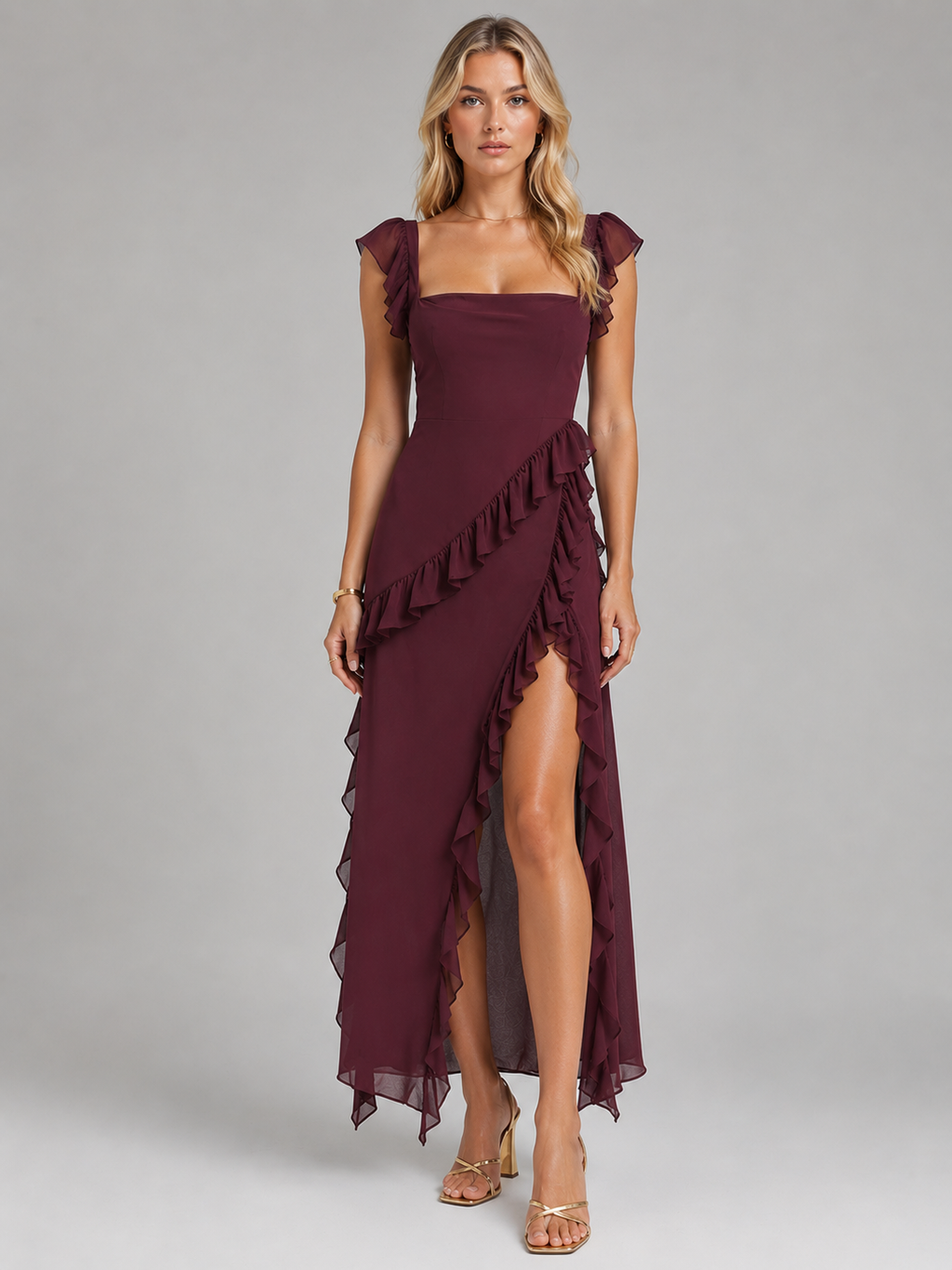 Women’s Ruffle Slit Maxi Dress – Elegant Flowing Silhouette