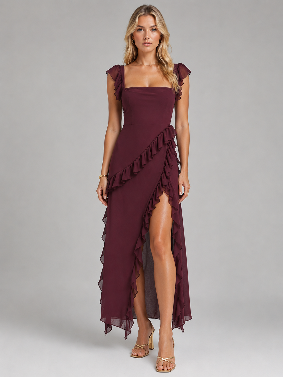 Women’s Ruffle Slit Maxi Dress – Elegant Flowing Silhouette