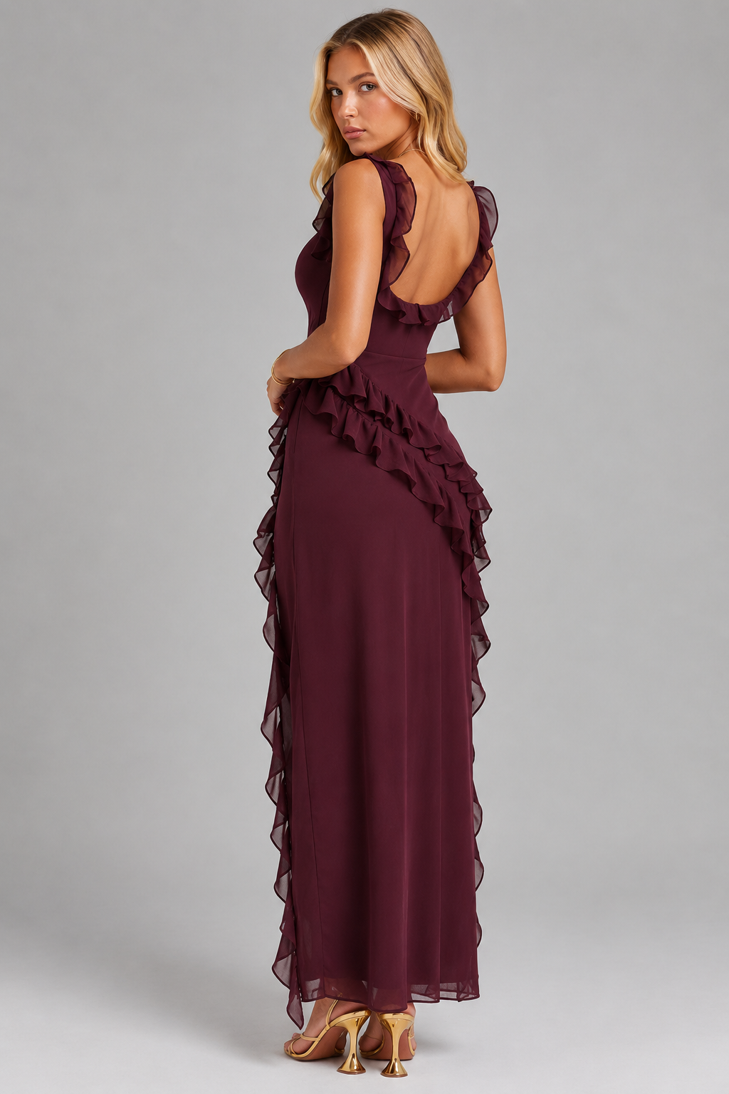 Women’s Ruffle Slit Maxi Dress – Elegant Flowing Silhouette