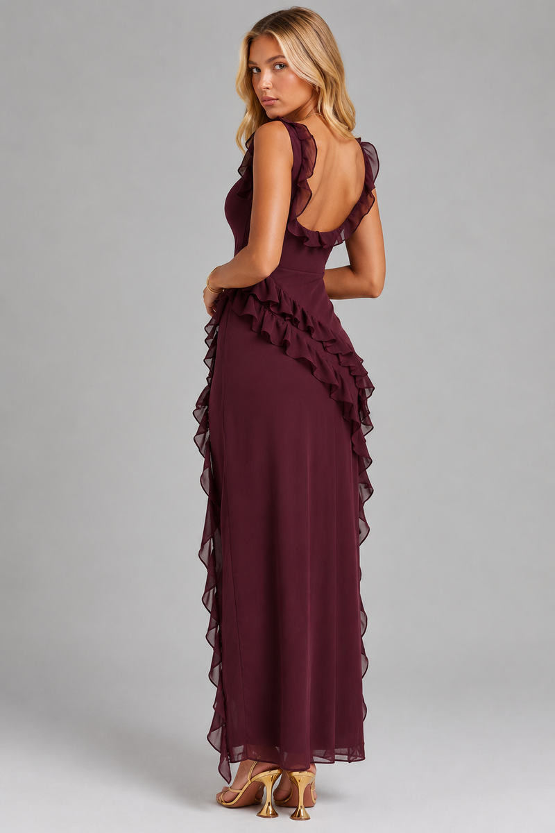 Women’s Ruffle Slit Maxi Dress – Elegant Flowing Silhouette