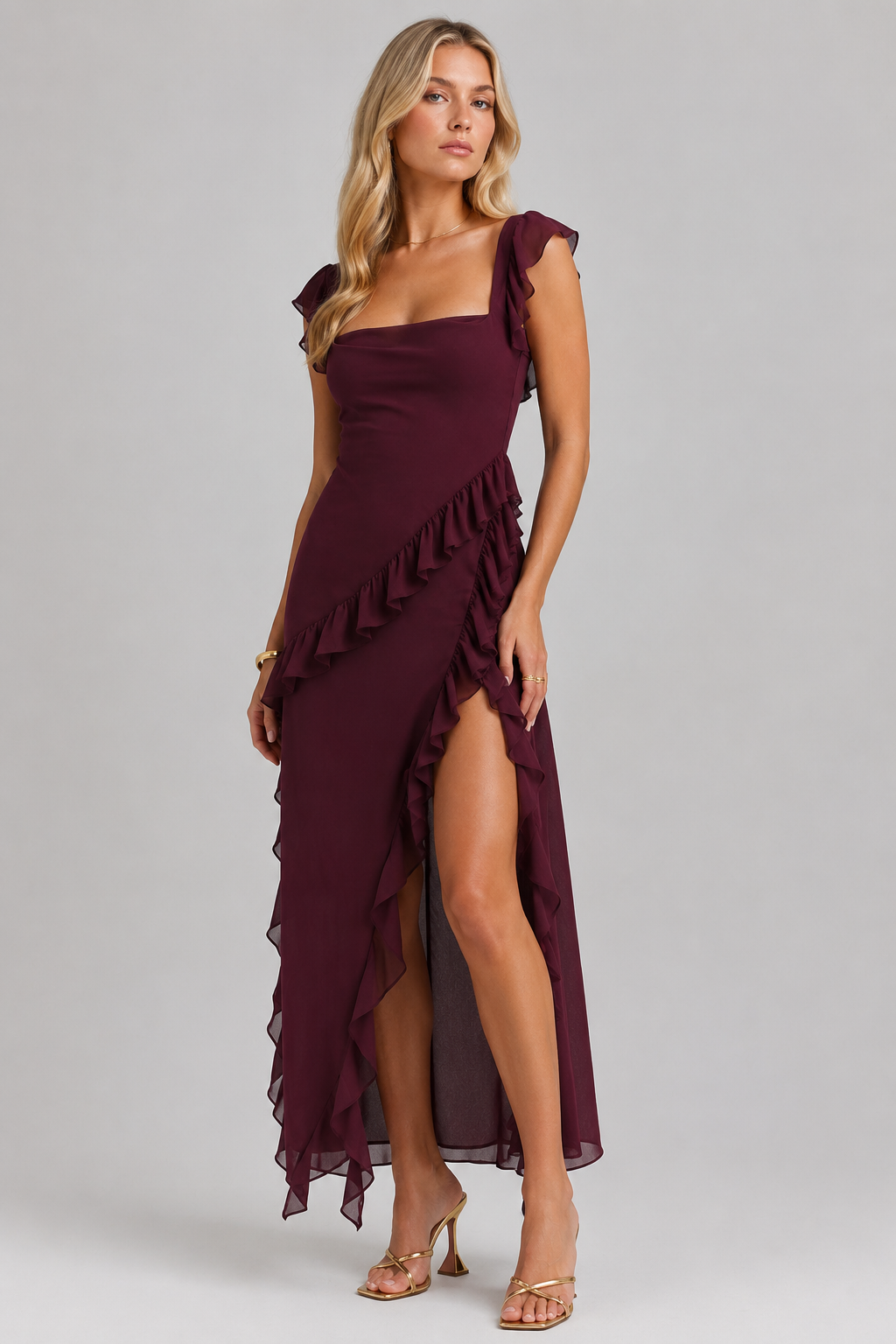 Women’s Ruffle Slit Maxi Dress – Elegant Flowing Silhouette