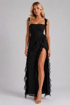 Women’s Ruffle Slit Maxi Dress – Elegant Flowing Silhouette