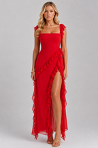 Women’s Ruffle Slit Maxi Dress – Elegant Flowing Silhouette