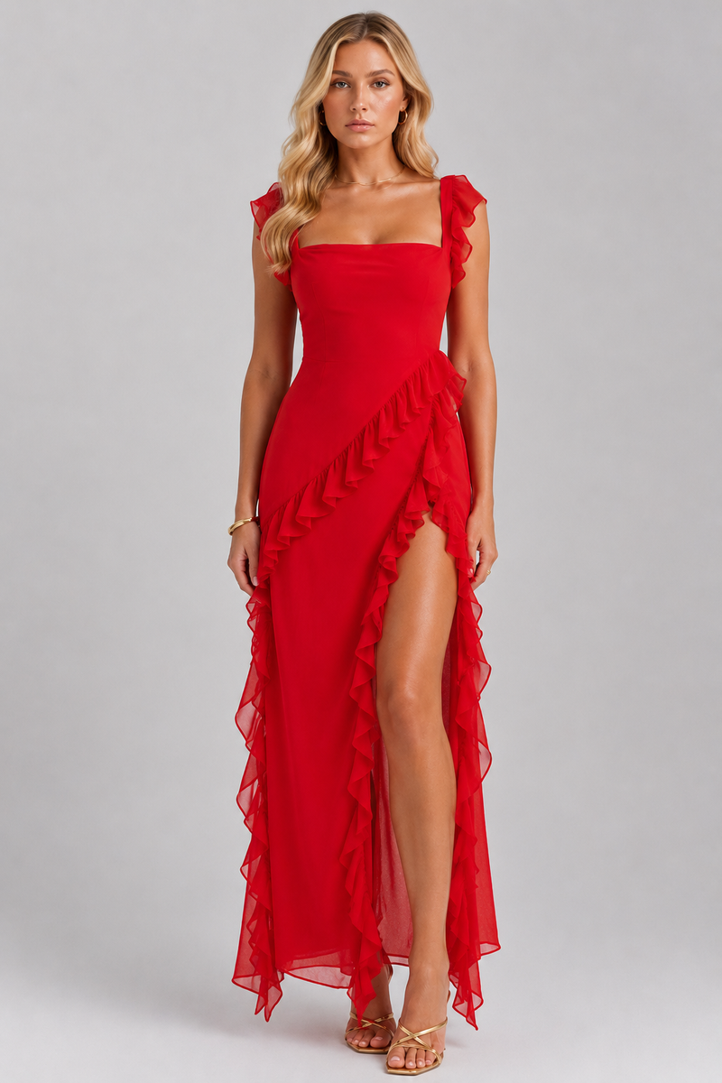 Women’s Ruffle Slit Maxi Dress – Elegant Flowing Silhouette