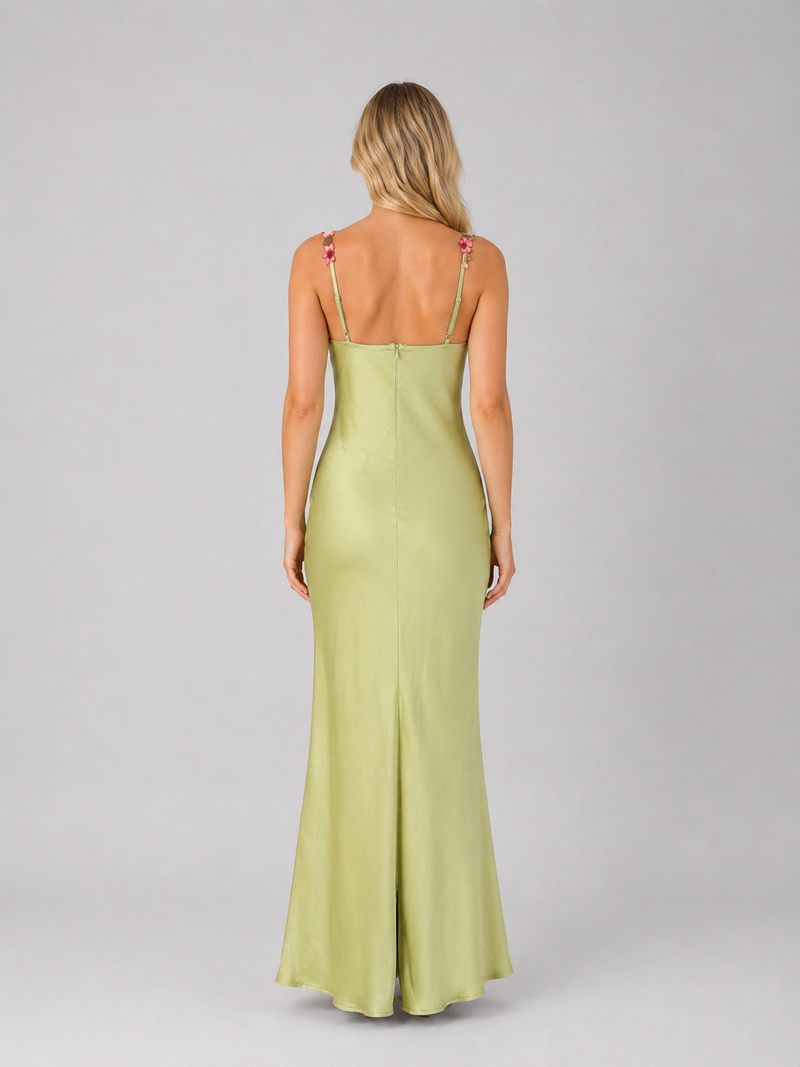Women's Satin Feel Floral Embroidered Maxi Dress – Sculpted Fit