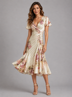 Women’s Satin Feel Floral Midi Dress – Ruched Waist Vintage Style