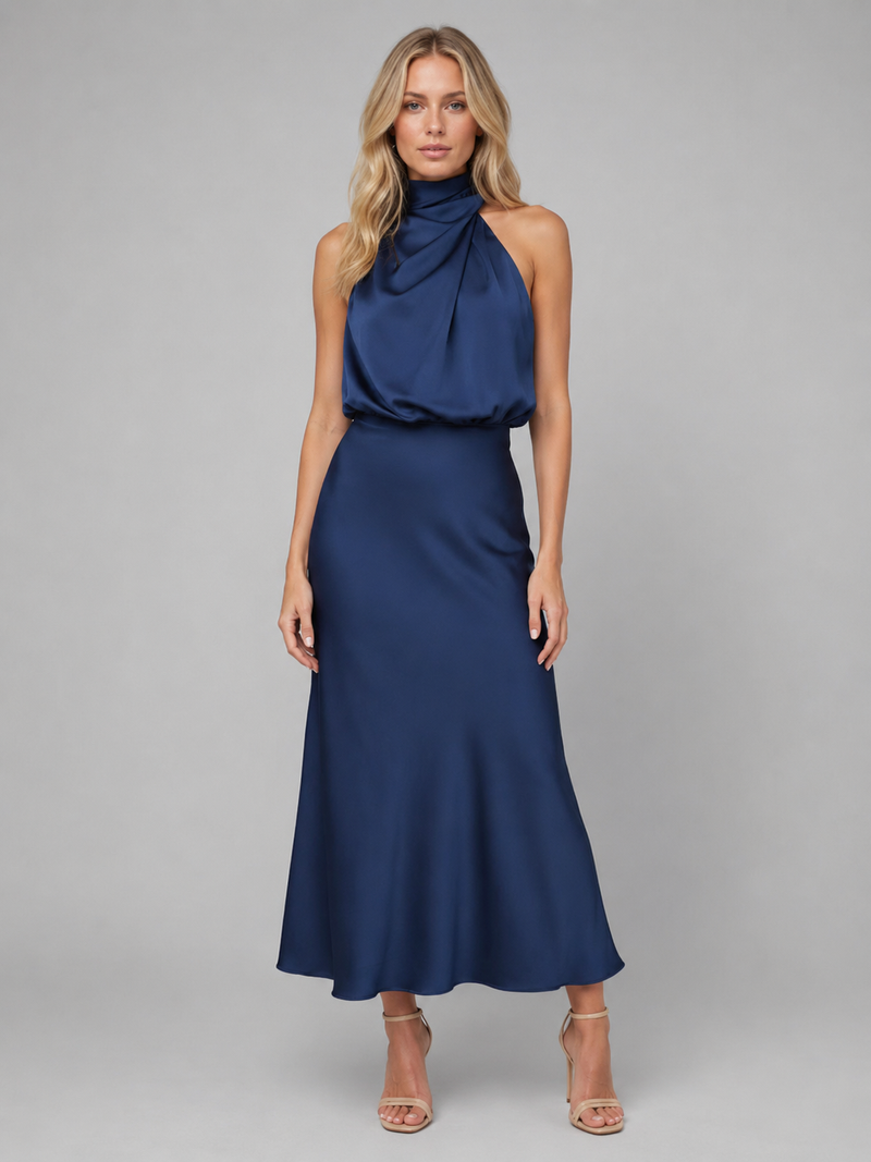Women’s Satin Feel High Neck Midi Dress – Wedding Guest