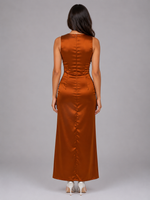 Women's Satin Feel Ruched Maxi Dress – Sleeveless Bodycon Evening Style