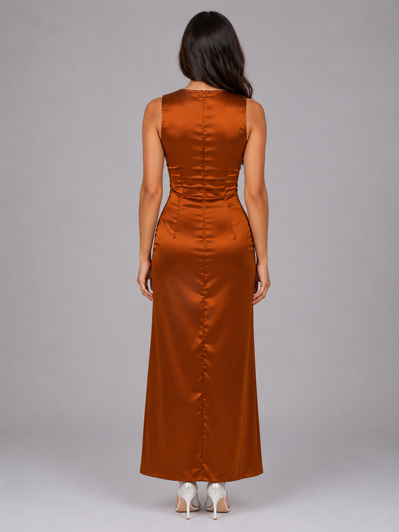 Women's Satin Feel Ruched Maxi Dress – Sleeveless Bodycon Evening Style