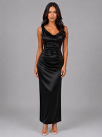 Women's Satin Feel Ruched Maxi Dress – Sleeveless Bodycon Evening Style