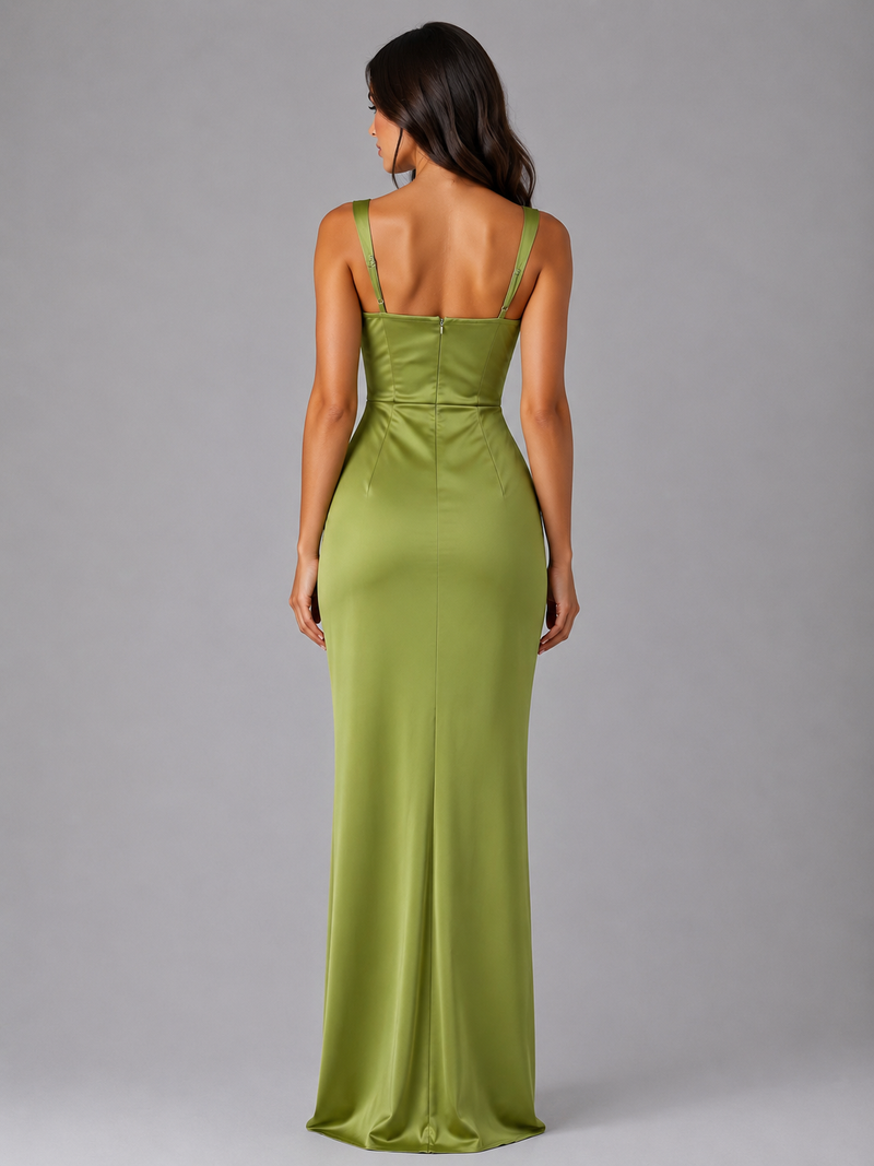 Women’s Satin Feel Ruched Waist Maxi Dress – Sculpted Fit