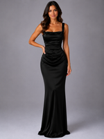 Women’s Satin Feel Ruched Waist Maxi Dress – Sculpted Fit