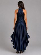 Women’s Satin Feel Ruffle Halter Maxi Dress – Evening Gown