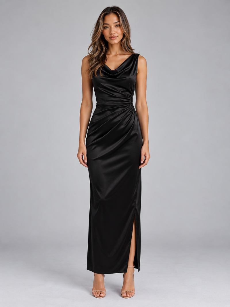 Women’s Satin Look Cowl Neck Maxi Dress – Sleeveless Ruched Evening Gown