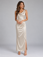 Women’s Satin Look Cowl Neck Maxi Dress – Sleeveless Ruched Evening Gown
