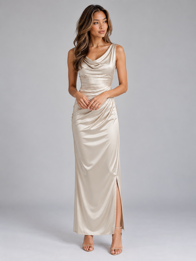 Women’s Satin Look Cowl Neck Maxi Dress – Sleeveless Ruched Evening Gown