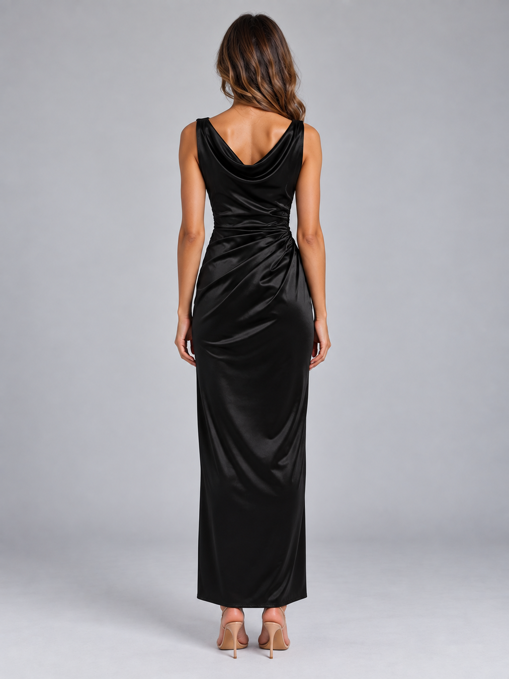 Women’s Satin Look Cowl Neck Maxi Dress – Sleeveless Ruched Evening Gown