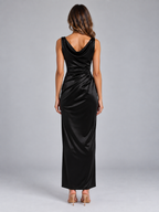 Women’s Satin Look Cowl Neck Maxi Dress – Sleeveless Ruched Evening Gown