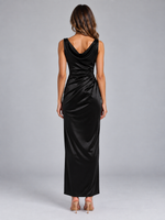 Women’s Satin Look Cowl Neck Maxi Dress – Sleeveless Ruched Evening Gown