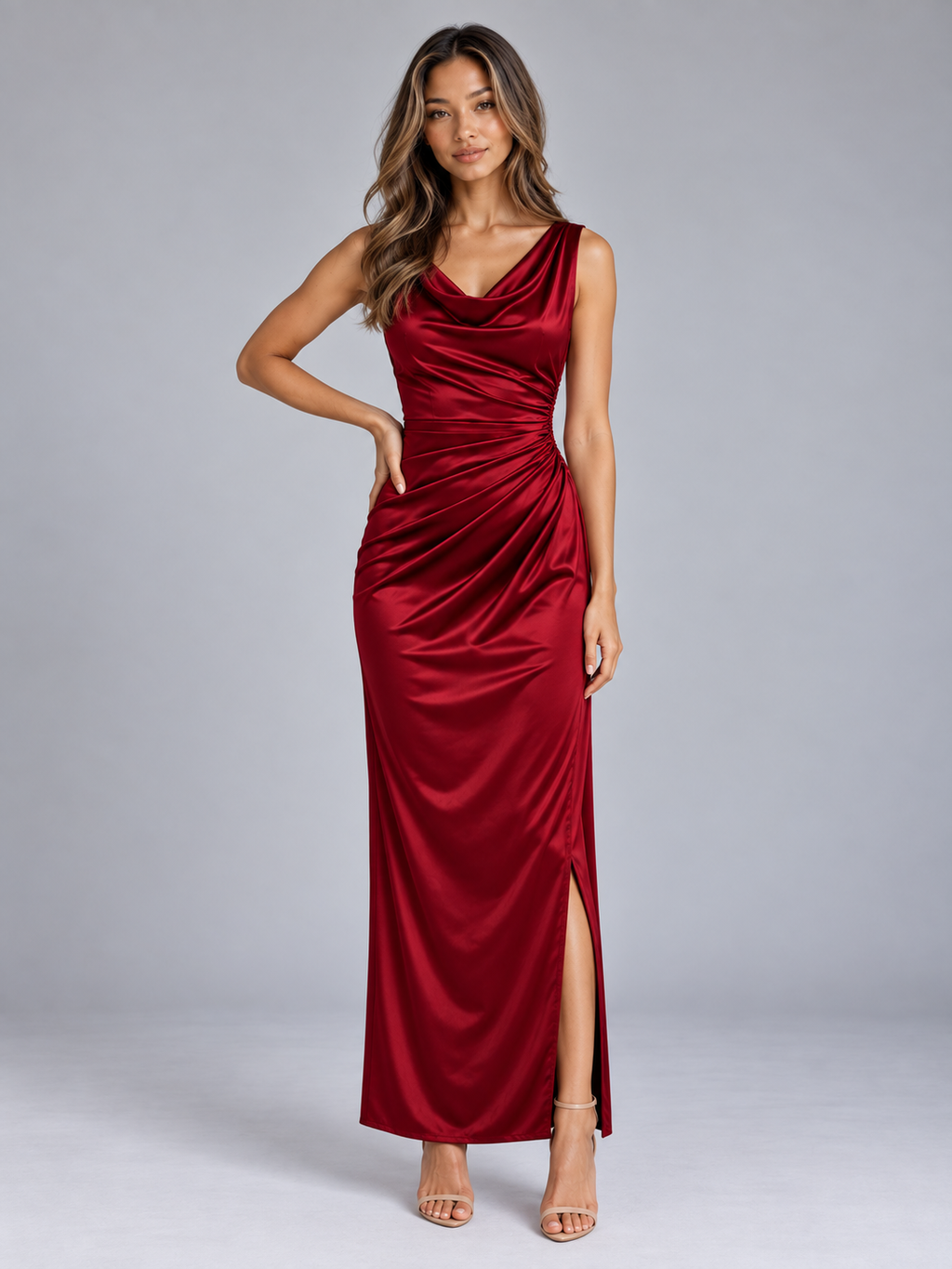 Women’s Satin Look Cowl Neck Maxi Dress – Sleeveless Ruched Evening Gown