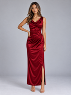 Women’s Satin Look Cowl Neck Maxi Dress – Sleeveless Ruched Evening Gown