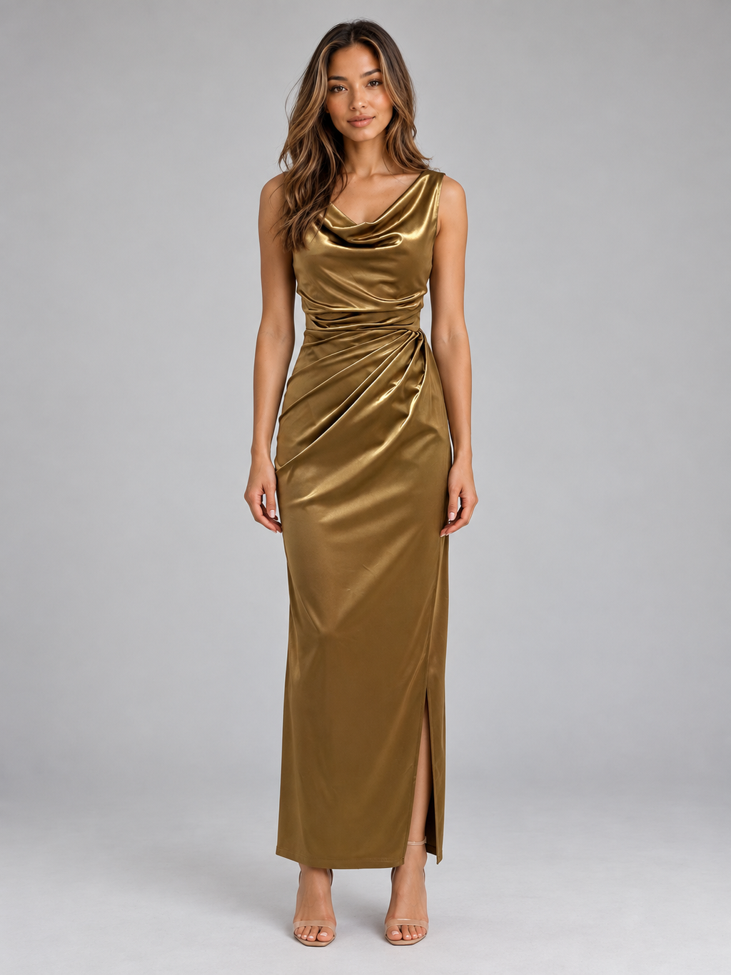Women’s Satin Look Cowl Neck Maxi Dress – Sleeveless Ruched Evening Gown