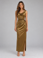 Women’s Satin Look Cowl Neck Maxi Dress – Sleeveless Ruched Evening Gown