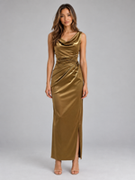 Women’s Satin Look Cowl Neck Maxi Dress – Sleeveless Ruched Evening Gown