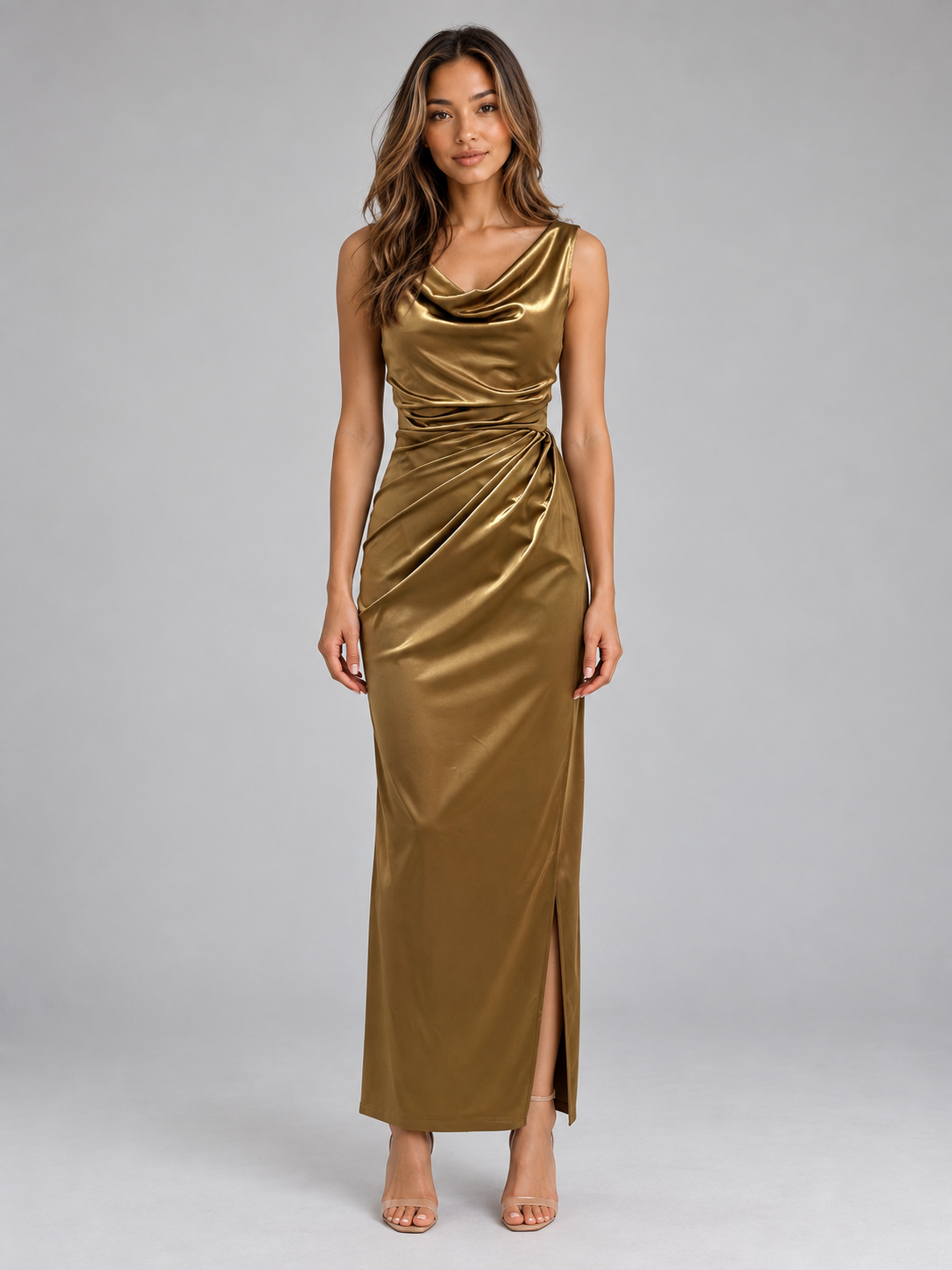 Women’s Satin Look Cowl Neck Maxi Dress – Sleeveless Ruched Evening Gown