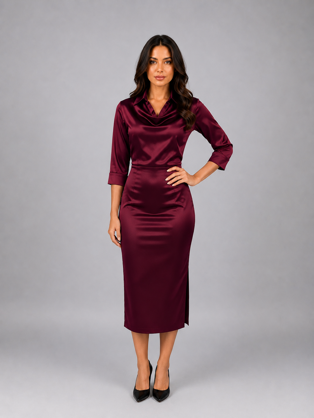Women’s Satin Look Cowl Neck Midi Dress – Elegant Occasion Dress