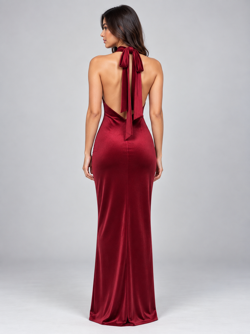 Women’s Satin Look Halter Neck Maxi Dress – Backless Tie Neck Evening Gown
