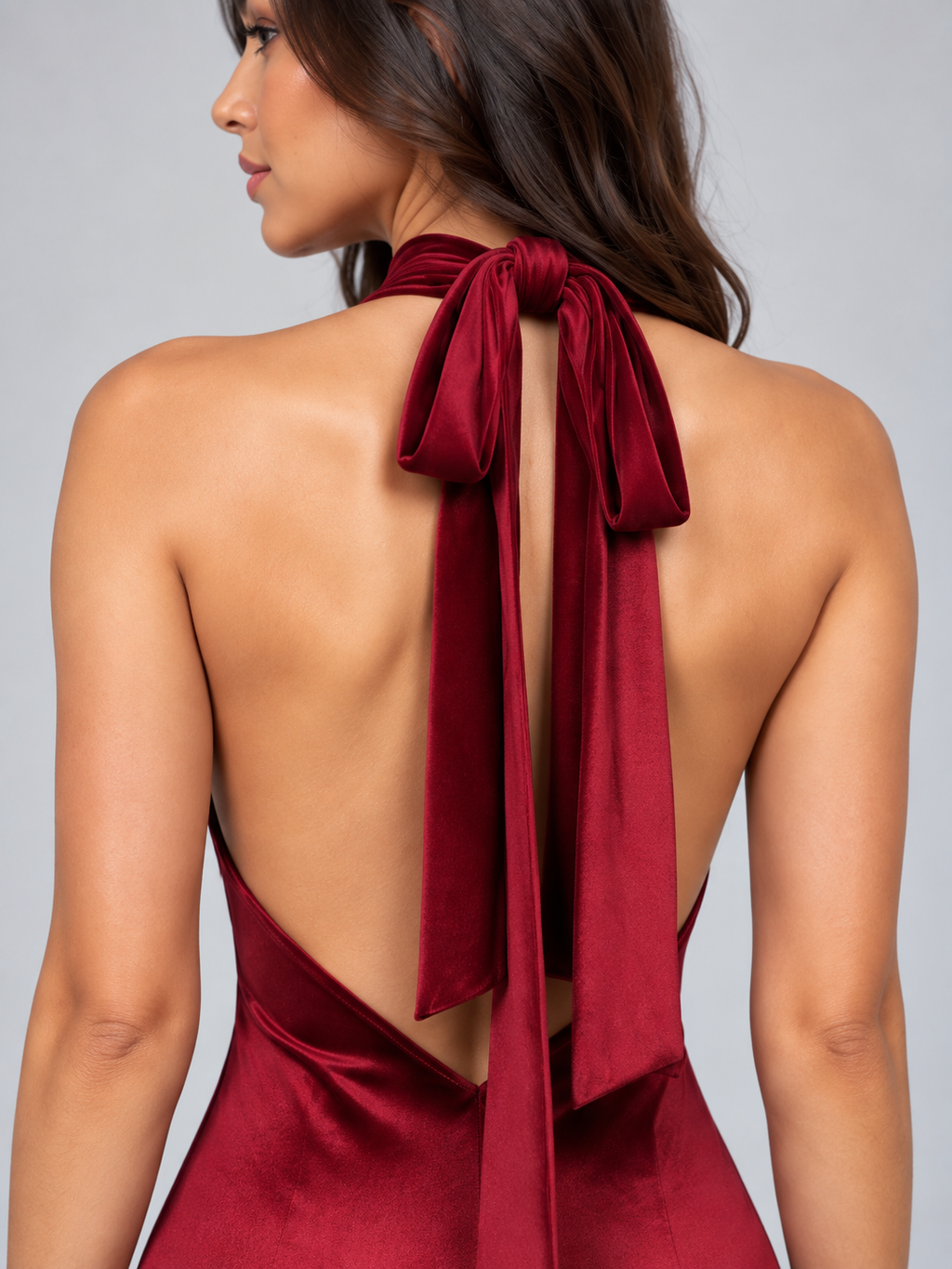 Women’s Satin Look Halter Neck Maxi Dress – Backless Tie Neck Evening Gown
