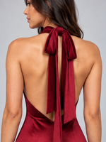 Women’s Satin Look Halter Neck Maxi Dress – Backless Tie Neck Evening Gown