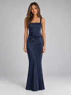 Women’s Satin Look Square Neck Maxi Dress – Ruched Corset Back Evening Gown