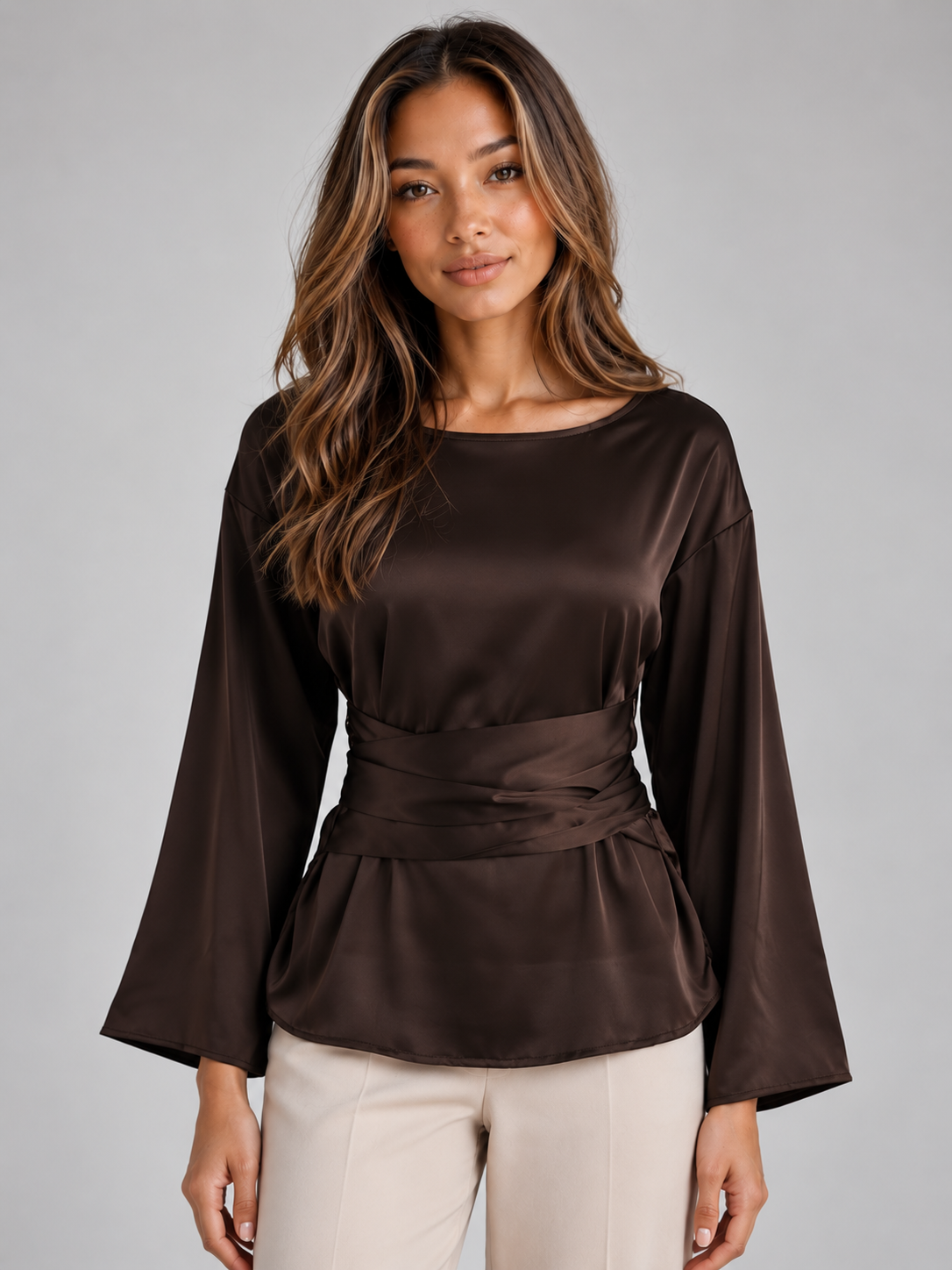 Women’s Satin Look Tie Waist Blouse – Long Sleeve Draped Evening Top